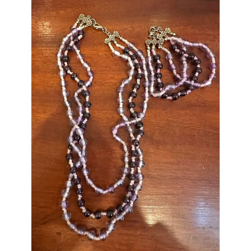 Purple Glass Beaded Necklace Bracelet Jewelry Set Boho Bohemian Beads